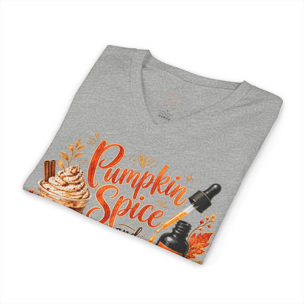 Pumpkin Spice and Peptides V-Neck Tee — Fall Skincare & Coffee Lover Shirt