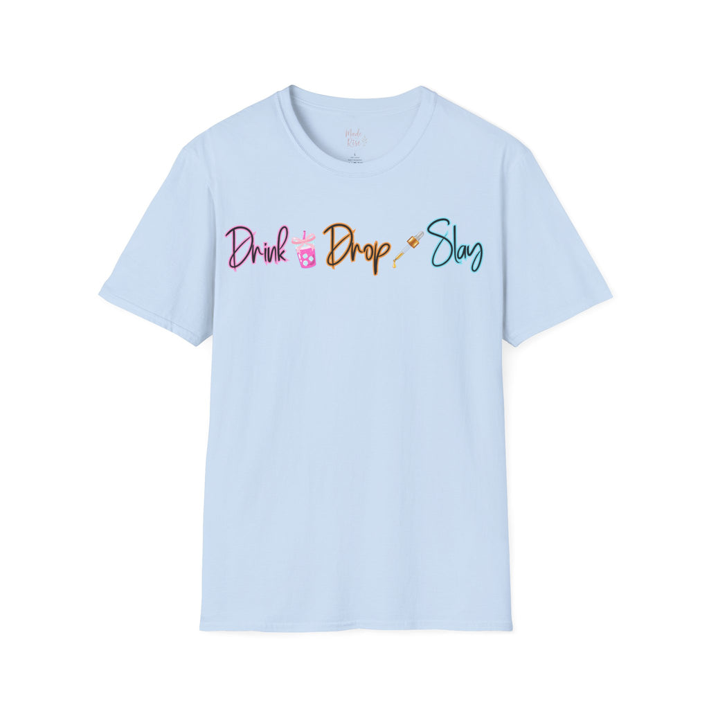 Drink Drop Slay T-Shirt — Fun Boba & Makeup Graphic Tee for Trendy Women